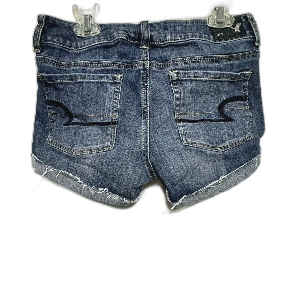American Eagle Denim Shorts Shortie Dark Blue Jeans Cuffed Cut Off Women sz 2